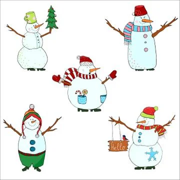 Snowmen set on white background, isolated snowman for christmas Stock Illustration