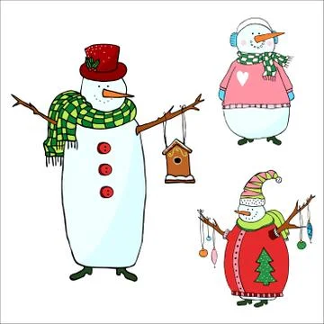 Snowmen set on white background, isolated snowman for christmas Stock Illustration
