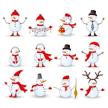 Snowmen set on a white isolated background Stock Illustration