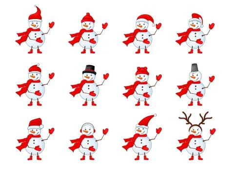 Snowmen set on a white isolated background Stock Illustration