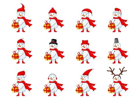 Snowmen set on a white isolated background Иллюстрация