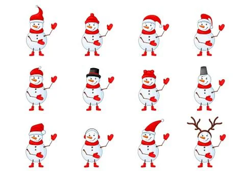 Snowmen set on a white isolated background Stock Illustration