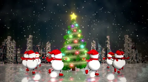 Snowmen skating round the christmas tree Stock Footage