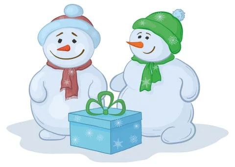 Snowmens with gift box Stock Illustration