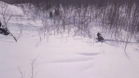 Snowmobile driver rides accurately between trees branches Stock Footage 112537883