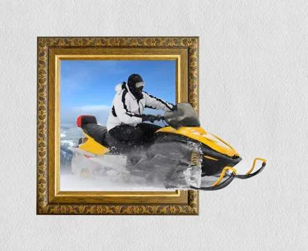 Snowmobile in frame with 3d effect Foto stock