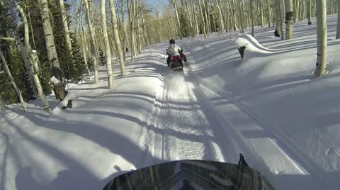 Snowmobile mountain forest trail winter friends HD 3001 Stock Footage 20479623