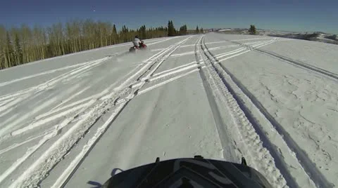 Snowmobile mountain pine aspen forest friends HD 2001 Stock Footage 20479876