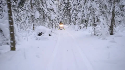 Snowmobile racing through the forest 動画素材 168842147