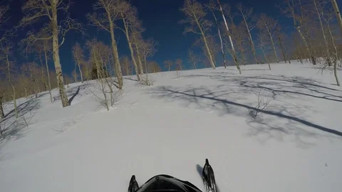 Snowmobile ride winter mountain snow forest POV HD Stock Footage 71558246