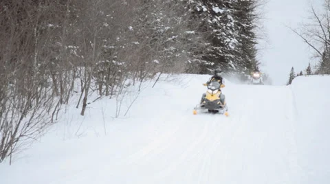 Snowmobile Riders Ride Trail Stock Footage 33190094