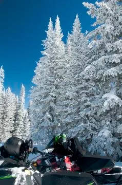 Snowmobile riders taking break Stock Photos