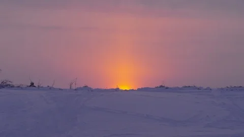 A snowmobile is riding at sunset Stock Footage 85558082