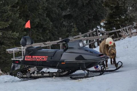 Snowmobile in winter mountain Stock Photos