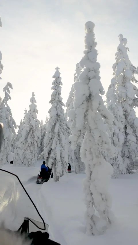 Snowmobiling adventure through the winter wonderland of Akaslompolo in Lapland Stock Footage 334101224