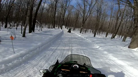 Snowmobiling POV of Driving in an Open Field into Woods Video stock 130219635