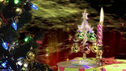 Snowstorm and strong wind. Large green tree with lights. Burning candle. 스톡 동영상 145408345