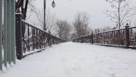 Snowstorm on a bridge a lady walking into Stock Footage 123192545