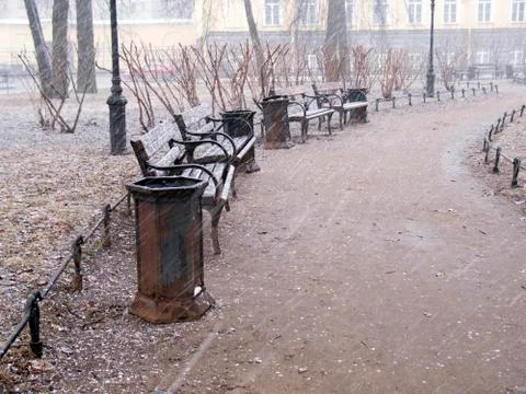 The snowstorm in the city park, path wit benches and trash Stock Photos
