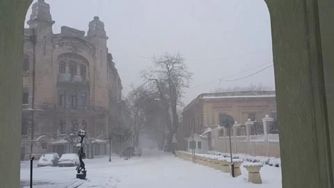 Snowstorm on empty street Stock Footage 143140021