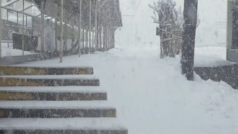 Snowstorm Station Slow Motion Stock Footage 75638083