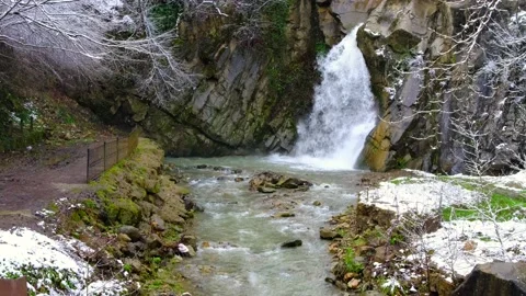 SNOW,WATERFALL,BLACKSEA, DEVREK, TURKEY, TREE,ICE,aerials Stock Footage 168621009