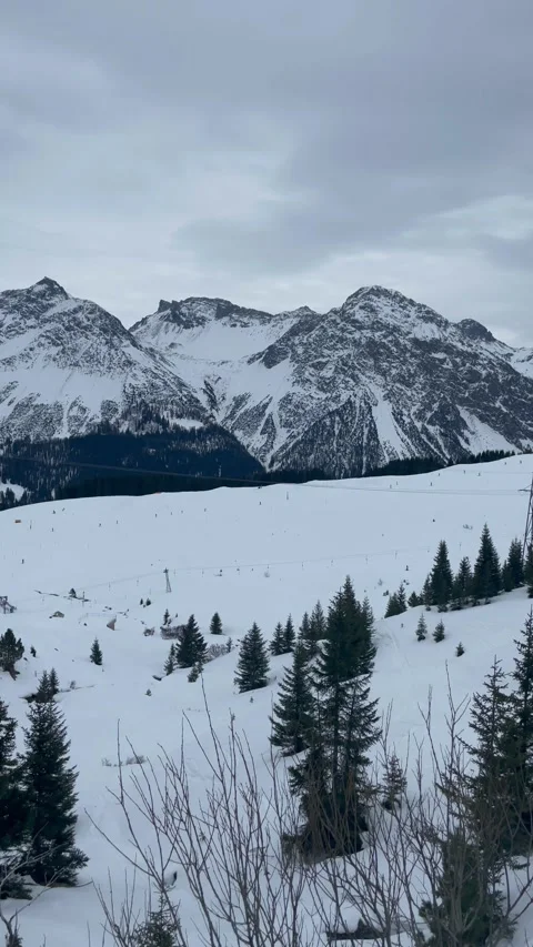 Snowy alpine peaks with pine trees in Arosa Video stock 330585224