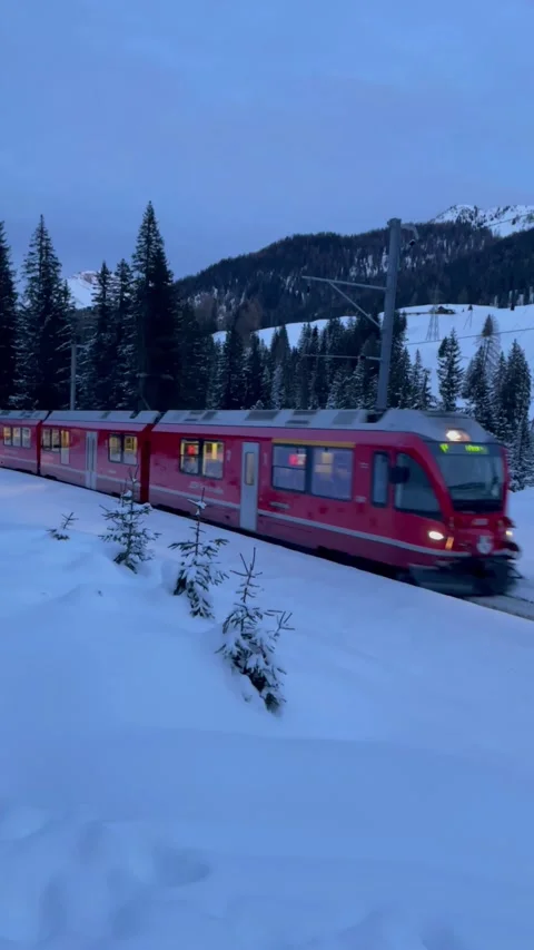 Snowy alpine peaks with pine trees and Swiss train in Arosa, Switzerland Stock Footage 330585387