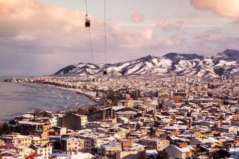 Snowy and sunny view of Ordu city brom Boztepe in winter Stock Photos
