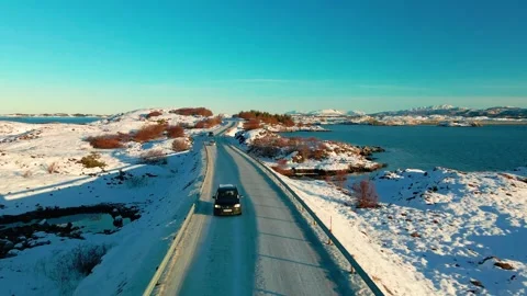 Snowy Atlantic Ocean Road in Winter, Norway, Aerial Drone Footage Stock Footage 315740652