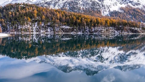 Snowy Autumn Mountain Lake Reflection Switzerland Aerial 4k Stock Footage