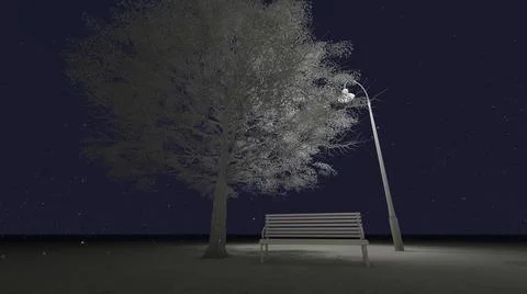 A snowy bench in the park under a lantern.3D Render Ilustração Stock