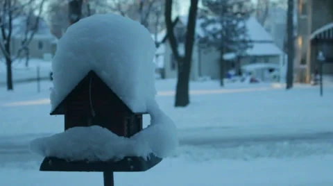 Snowy Birdhouse to the Left Handheld Stock Footage 34243312