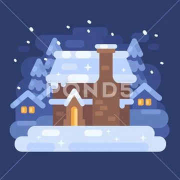 Snowy blue winter village landscape with a house. Christmas flat illustration Stock Illustrationen