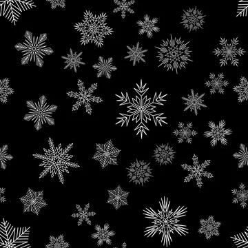 Snowy Christmas seamless pattern on a dark background, white crystal snowflak Stock Illustration