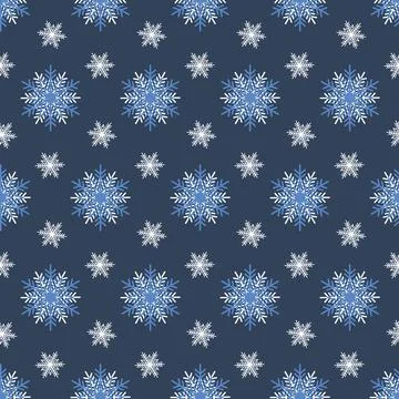 Snowy Christmas seamless pattern on a dark background, blue white crystal sno Stock Illustration