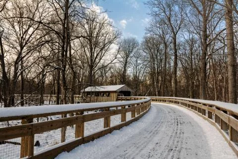 Snowy Covered Bridge Trail Stock Photos
