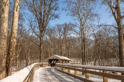 Snowy Covered Bridge Trail Stock Photos