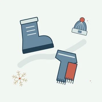 Snowy day essentials with boots and scarf. Decorative flat vector composition Stock Illustration