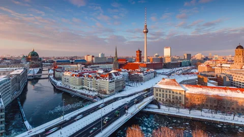Snowy Day to Night Time Lapse of Berlin Cityscape with TV Tower and Spree Riv Stock Footage 148719600