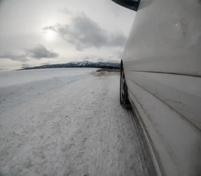 Snowy day while driving Stock Photos