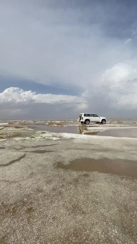 Snowy Desert Rainfall with SUV — HDR 4K Saudi Arabian Landscape Stock Footage 319656529