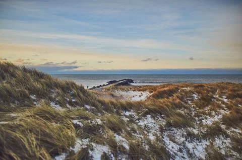 Snowy dunes at Danish coast on cold winter day Stock Photos