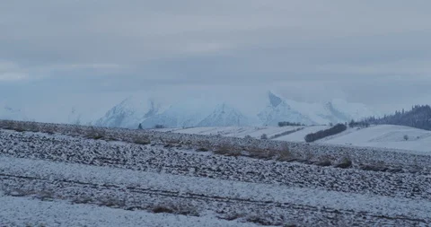 Snowy field with high mountains in background Stock Footage 90422005