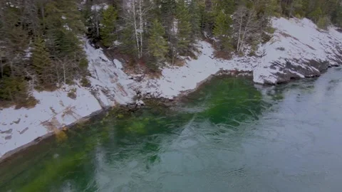 Snowy Flathead River Drone - Hungry Horse, Montana Stock Footage 164171052