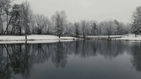 Snowy Fly Over Pond Stock Footage 148252320