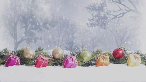 At the snowy forest gift packages and christmas decorations snowing Stock Footage 81877140