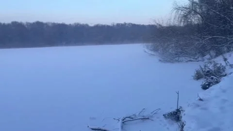 Snowy forest path along a winter lake Stock Footage 329319450
