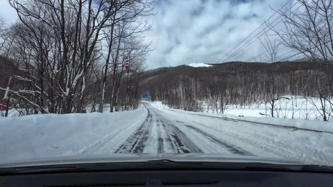 Snowy Forest Road with Blue Direction Signs Hokkaido Japan 스톡 동영상 333369674