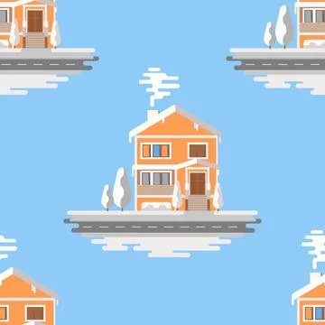 Snowy house seamless pattern on blue background. Christmas pattern vector. Illustrazione stock